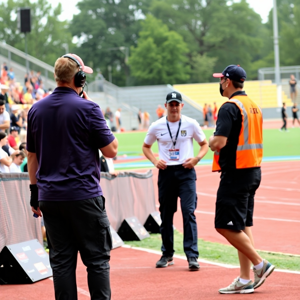 A dynamic shot of a sports event being managed, with staff coordinating athletes and managing the flow of spectators; showcasing active management during an event.