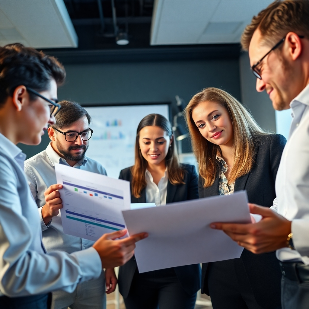 A photorealistic image depicting a team of event planners in a brainstorming session. They are reviewing timelines, budgets, and logistics for an upcoming event. The composition emphasizes the collaborative and strategic nature of the planning process. The lighting is bright and professional, creating a sense of focus and efficiency. Focus on the expressions of concentration and problem-solving on the faces of the team members. The camera angle is medium, providing a clear view of the team and the planning materials. Style is professional and strategic, conveying a sense of competence and expertise.