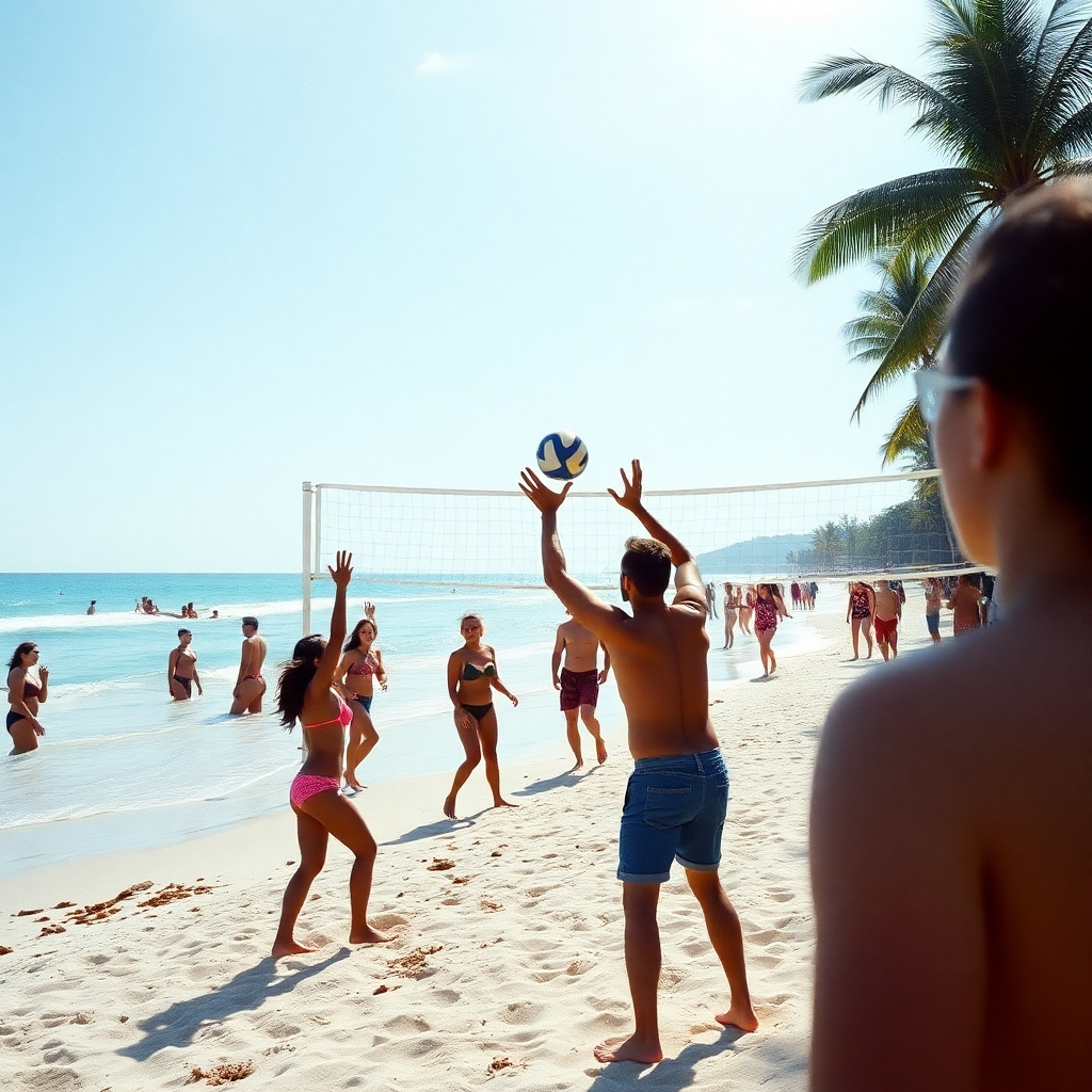 A photorealistic image showcasing a climactic moment during a beach volleyball tournament in the Cayman Islands. Players are mid-air, competing intensely against the backdrop of crystal-clear turquoise waters. The composition captures the dynamic energy and excitement of the sport. The lighting is bright and sunny, highlighting the vibrant colors of the beach and the players' uniforms. Focus on the sweat glistening on the players' skin, the texture of the sand, and the expressions of determination on their faces. The camera angle is low, emphasizing the athleticism and power of the players. Style is action-oriented and energetic, evoking a sense of competition and excitement.